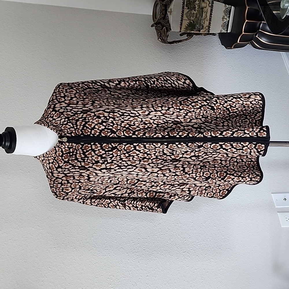 Anne Klein Knit Poncho Full Zip Brown Black Leopard Print